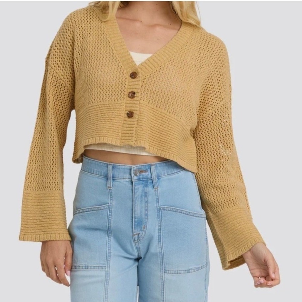 Billabong Womens Tan Open Knit Cropped Cardigan Sweater V-Neck Cotton Front S